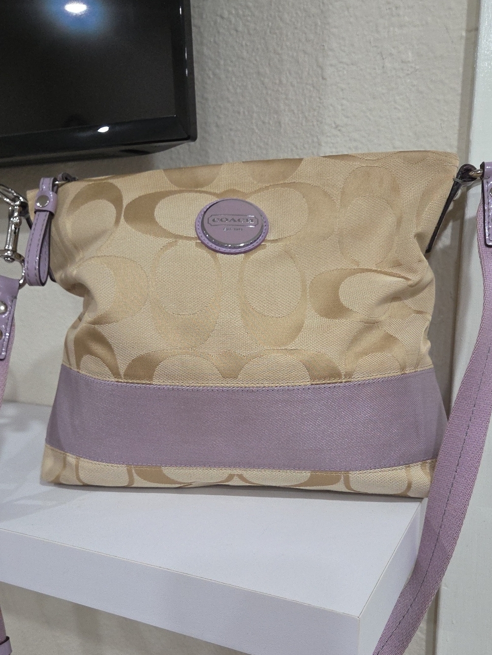 Coach Beige Signature Canvas Crossbody with Lilac Trim